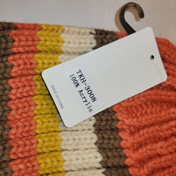 New Knit Striped Beanie Toboggan - Orange, Yellow, Brown, Cream - Picture 5 of 6